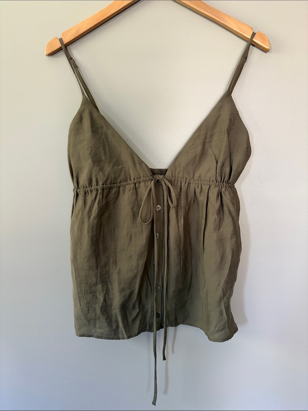 Zara Camisole Strappy Tank Top Tie Front Deep V NWT Small Olive Green